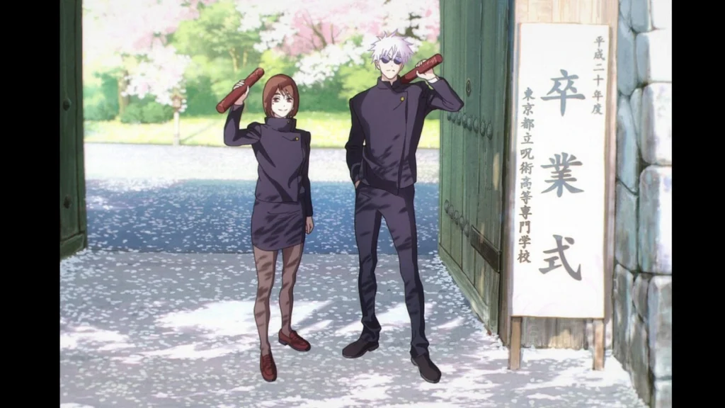 Satoru Gojo e Shoko Ieiri em ilustração para a nova sequência de encerramento do filme compilatório de Jujutsu Kaisen: Arco Inventário Oculto/Morte Prematura