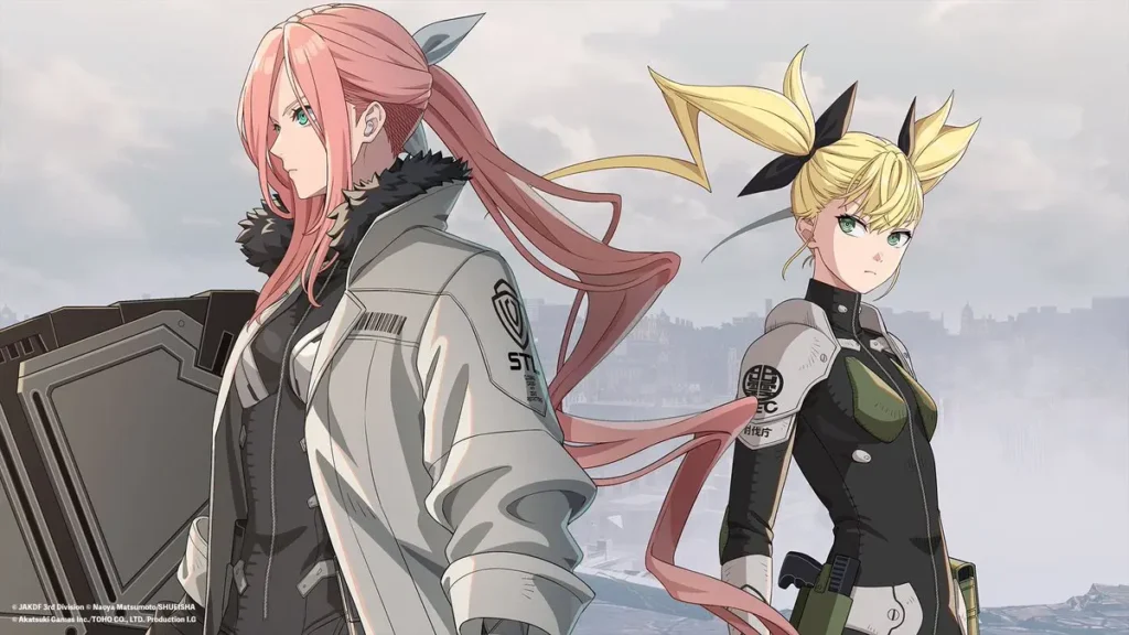 Irmãs Sagan e Kikoru Shinomiya em imagem do jogo Kaiju No. 8 THE GAME