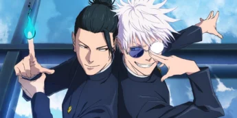 Suguru Geto e Satoru Gojo jovens em pôster do filme compilatório de Jujutsu Kaisen: Arco Inventário Oculto/Morte Prematura