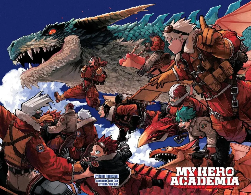 Heróis da Classe 1-A voando com dragões em ilustração colorida de My Hero Academia