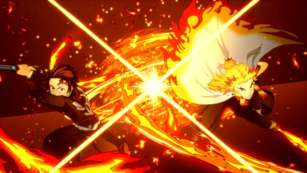 Tanjiro e Rengoku como Dual Ultimates em em Demon Slayer: The Hinokami Chronicles 2