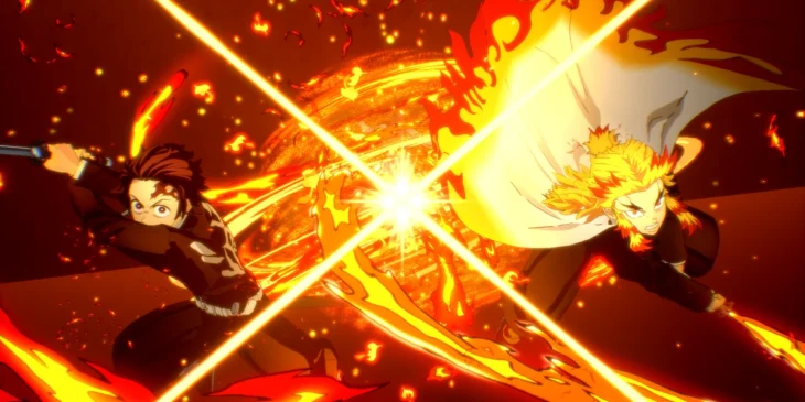 Tanjiro e Rengoku como Dual Ultimates em em Demon Slayer: The Hinokami Chronicles 2