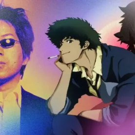 Foto de Shinichiro Watanabe ao lado de imagens de Spike Spiegel, de Cowboy Bebop, e Mugen, de Samurai Champloo