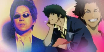 Foto de Shinichiro Watanabe ao lado de imagens de Spike Spiegel, de Cowboy Bebop, e Mugen, de Samurai Champloo