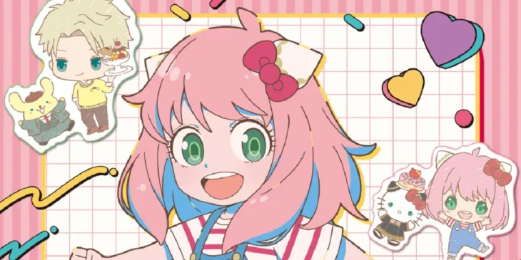 Anya Forger em destaque ao lado de duplas da Família Forger com personagens de Hello Kitty & Amigos em visual de colaboração de SPY x FAMILY e Sanrio