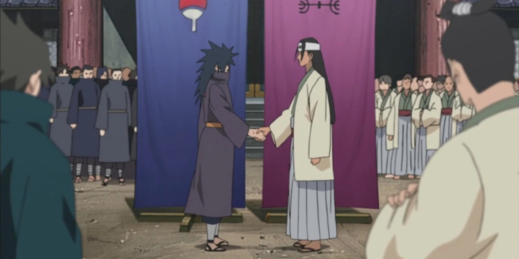 Hashirama Senju cumprimentando Madara Uchiha em cena de Naruto