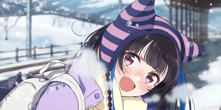 Mini Yaemori montando um boneco de neve em cartaz da 4ª temporada de Rent-a-Girlfriend