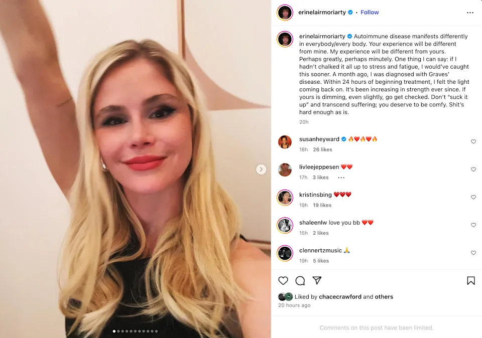 Postagem de Erin Moriarty no Instagram