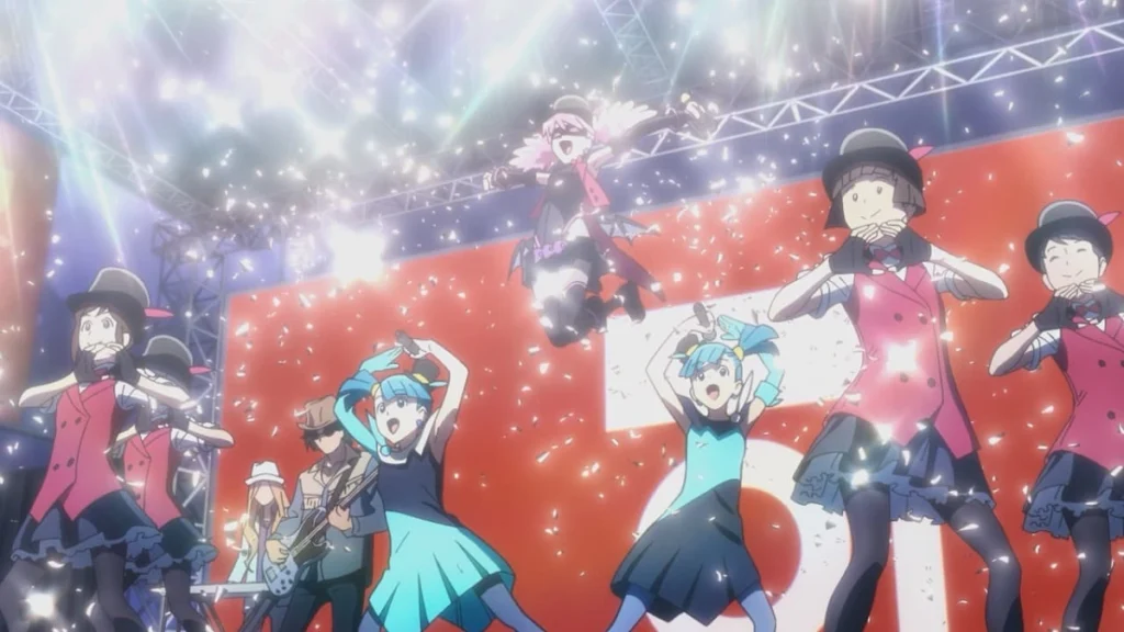Apresentação do FeatherHATS no Naru Fest em cena do Episódio 12 de My Hero Academia: Vigilantes