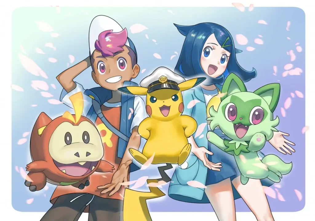 Liko, Roy, Sprigatito, Fuecoco e Capitão Pikachu em primeira arte em celebração ao 100º episódio de Pokémon: Horizontes