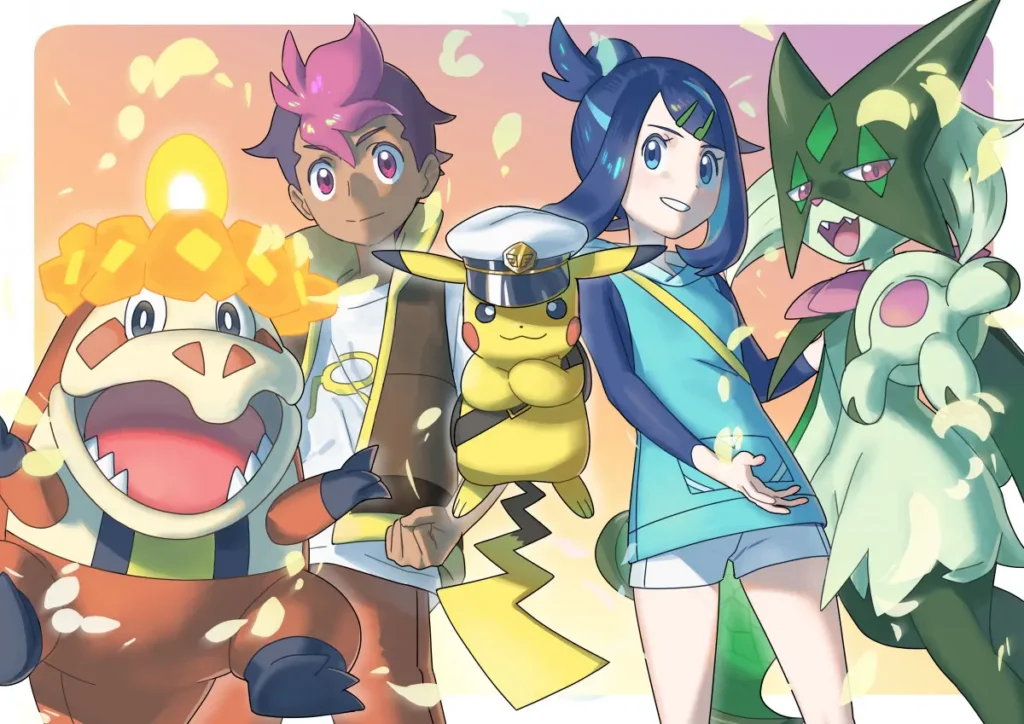 Liko, Roy, Sprigatito, Fuecoco e Capitão Pikachu na segunda arte em celebração ao 100º episódio de Pokémon: Horizontes