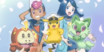 Liko, Roy, Sprigatito, Fuecoco e Capitão Pikachu no início da trajetória de Pokémon: Horizontes