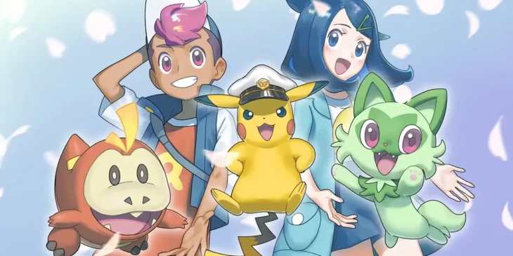 Liko, Roy, Sprigatito, Fuecoco e Capitão Pikachu no início da trajetória de Pokémon: Horizontes