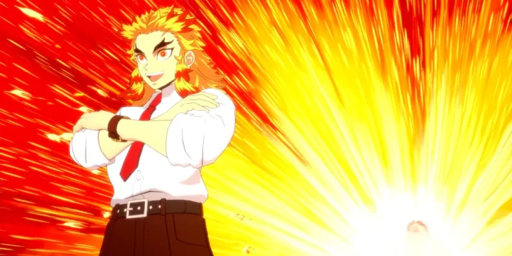 Rengoku na versão Kimetsu Academy em Demon Slayer: The Hinokami Chronicles 2