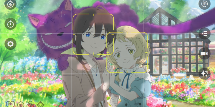 Alice, Rise e Gato de Cheshire em cena do filme em anime Dive in Wonderland