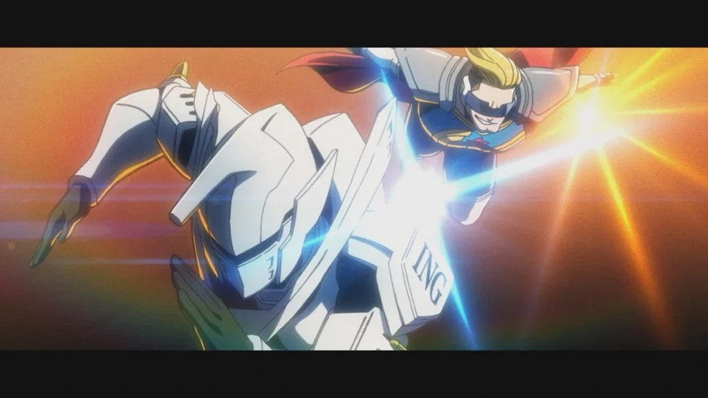 Ingenium e Captain Celebrity em cena do final de temporada de My Hero Academia: Vigilantes