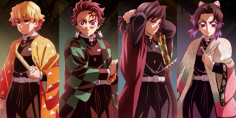 Zenitsu, Tanjiro, Giyu e Shinobu em Demon Slayer: Castelo Infinito