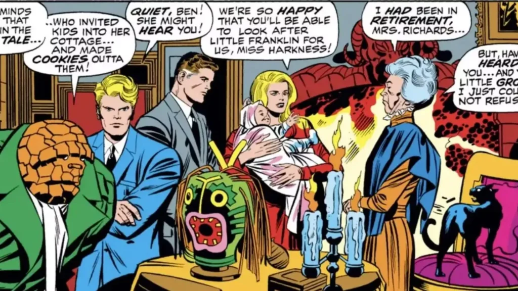 Agatha Harkness como babá de Franklin Richards em quadrinho do Quarteto Fantástico