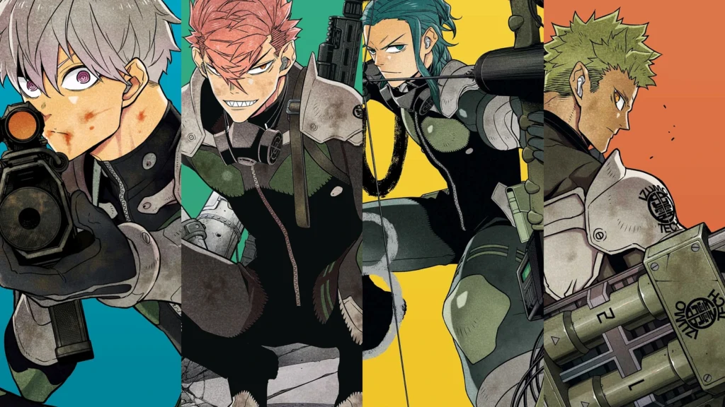Reno, Iharu, Haruichi e Aoi em artes de capa de Kaiju No. 8