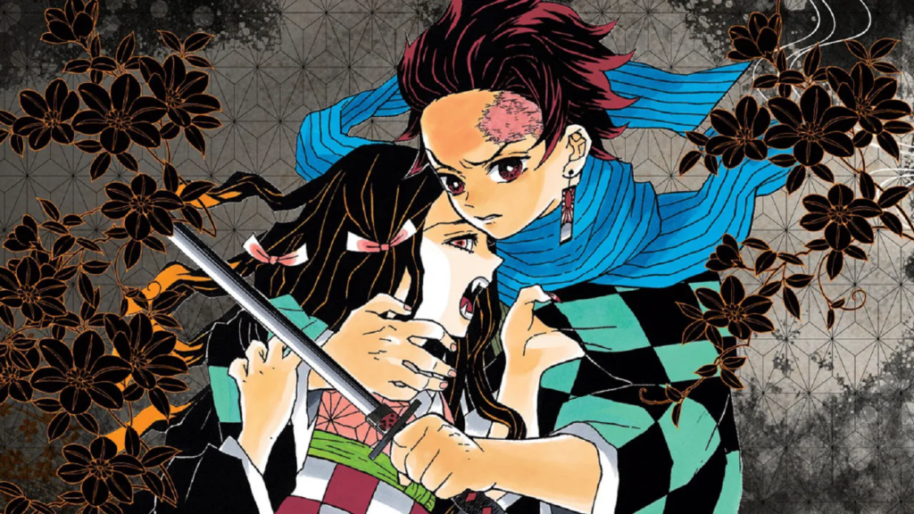 Nezuko e Tanjiro em arte do mangá Demon Slayer