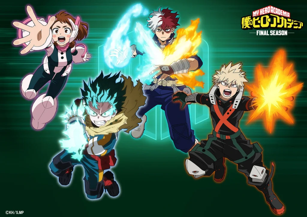 Visuais de Ochako Uraraka, Izuku Midoriya, Shoto Todoroki e Katsuki Bakugo na temporada final de My Hero Academia