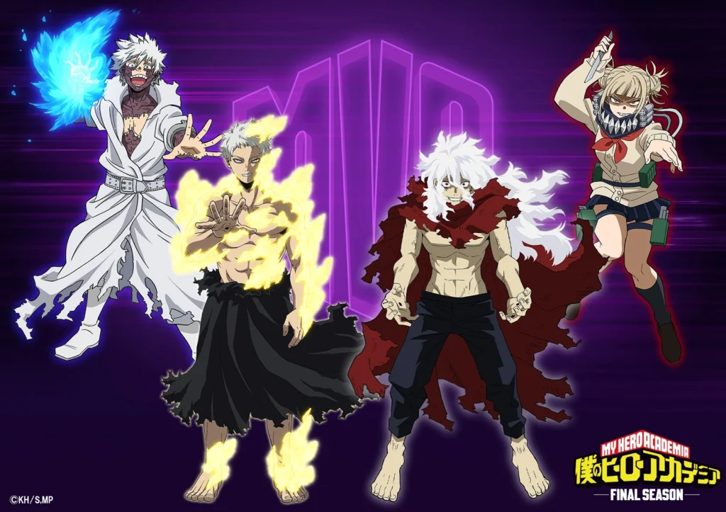 Visuais de Dabi, All For One, Tomura Shigaraki e Himiko Toga na temporada final de My Hero Academia