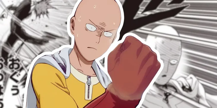 Saitama em frente a painéis do mangá One-Punch Man