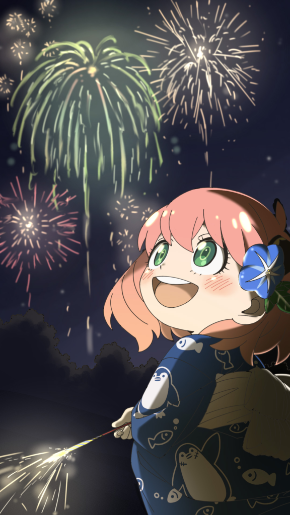 Anya Forger vendo fogos de artificio em arte de verão de SPY x FAMILY