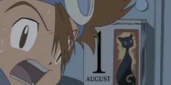 Tai olhando o calendário em cena de Digimon Adventure