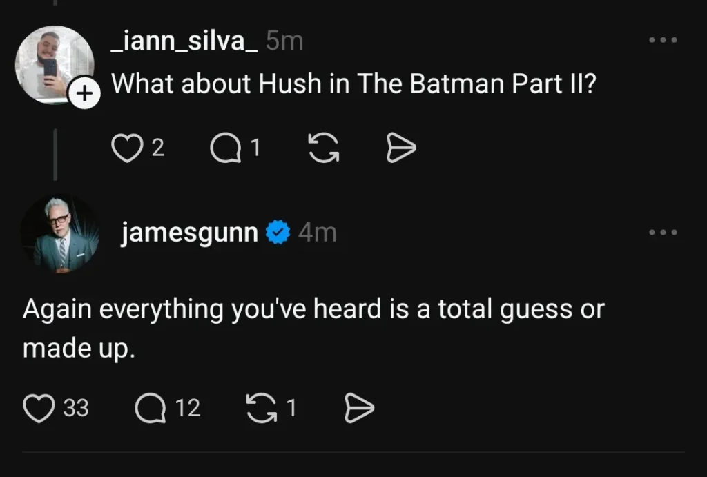 James Gunn falando no Threads sobre o vilão de Batman Parte 2