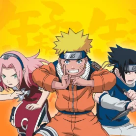 Sakura Haruno, Naruto Uzumaki e Sasuke Uchiha em imagem promocional de Naruto (clássico)