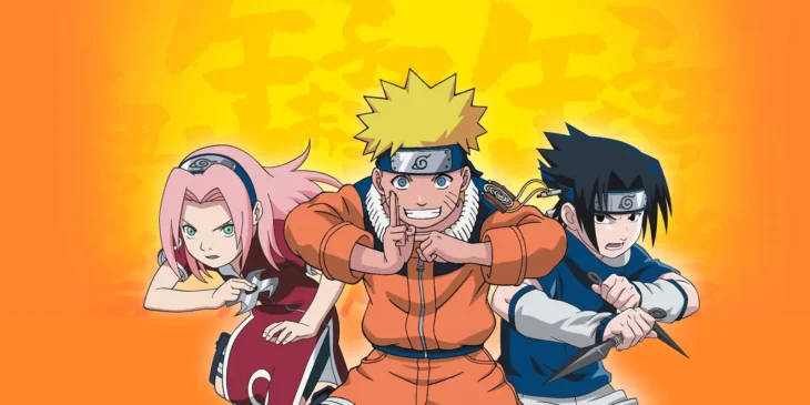 Sakura Haruno, Naruto Uzumaki e Sasuke Uchiha em imagem promocional de Naruto (clássico)