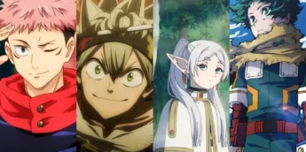 Yuji em Jujutsu Kaisen, Asta em Black Clover, Frieren em Frieren e a Jornada Para o Além, Deku em My Hero Academia