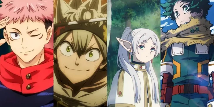 Yuji em Jujutsu Kaisen, Asta em Black Clover, Frieren em Frieren e a Jornada Para o Além, Deku em My Hero Academia