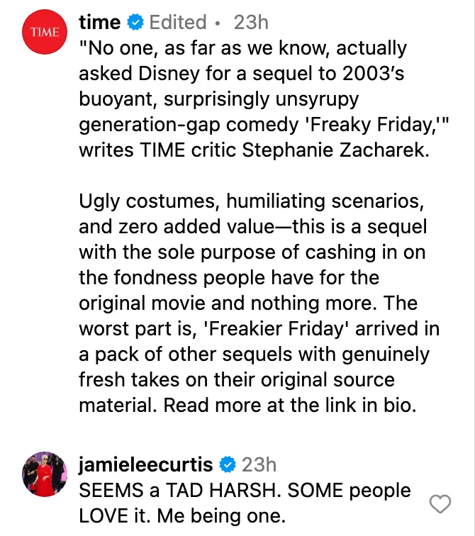 Comentário de Jamie Lee Curtis no Instagram