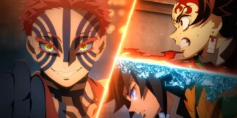 Tanjiro e Giyu contra Akaza em Demon Slayer: Castelo Infinito