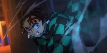 Tanjiro enfrenta Akaza em cena de Demon Slayer: Castelo Infinito