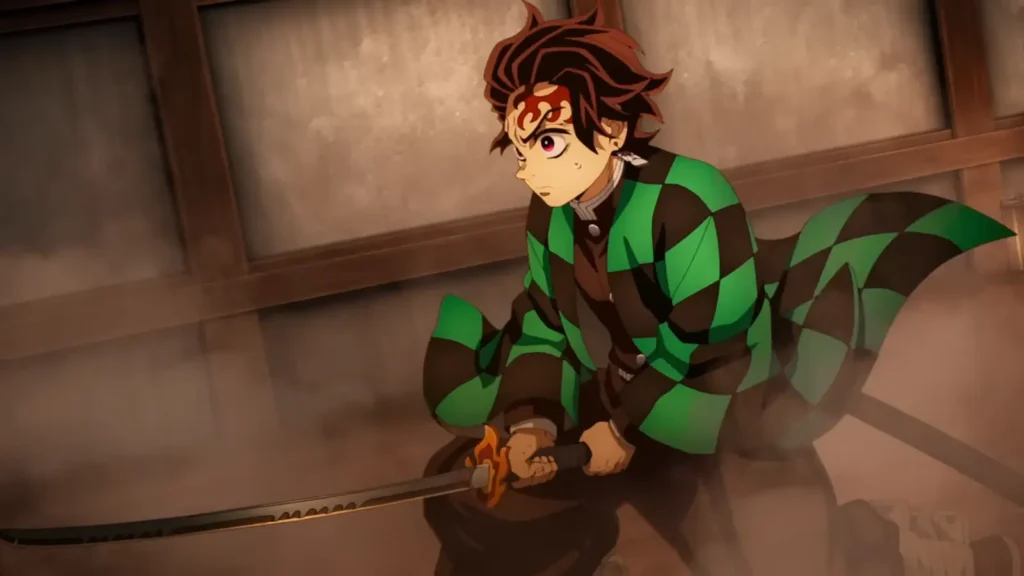 Tanjiro enfrenta Akaza em cena de Demon Slayer: Castelo Infinito