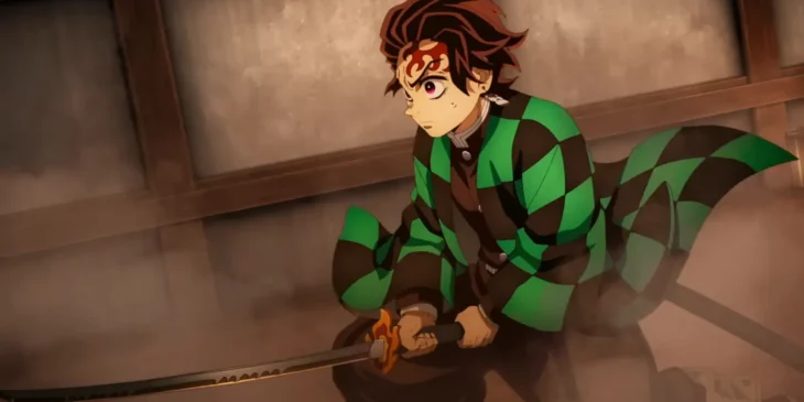 Tanjiro enfrenta Akaza em cena de Demon Slayer: Castelo Infinito