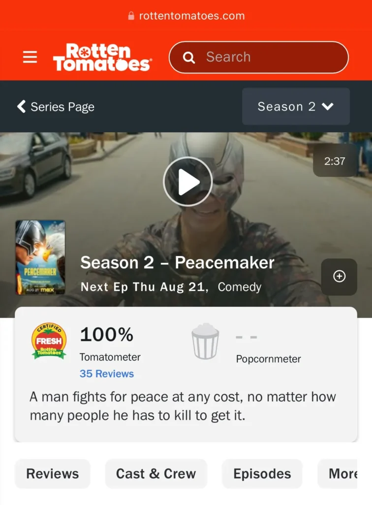 Segunda temporada de Pacificador no Rotten Tomatoes