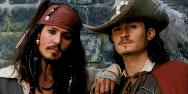 Orlando Bloom e Johnny Depp em bastidores de Piratas do Caribe