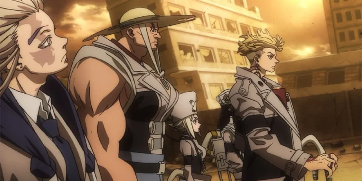 Chegada de Zanka e companhia em cena do Episódio 7 de Gachiakuta