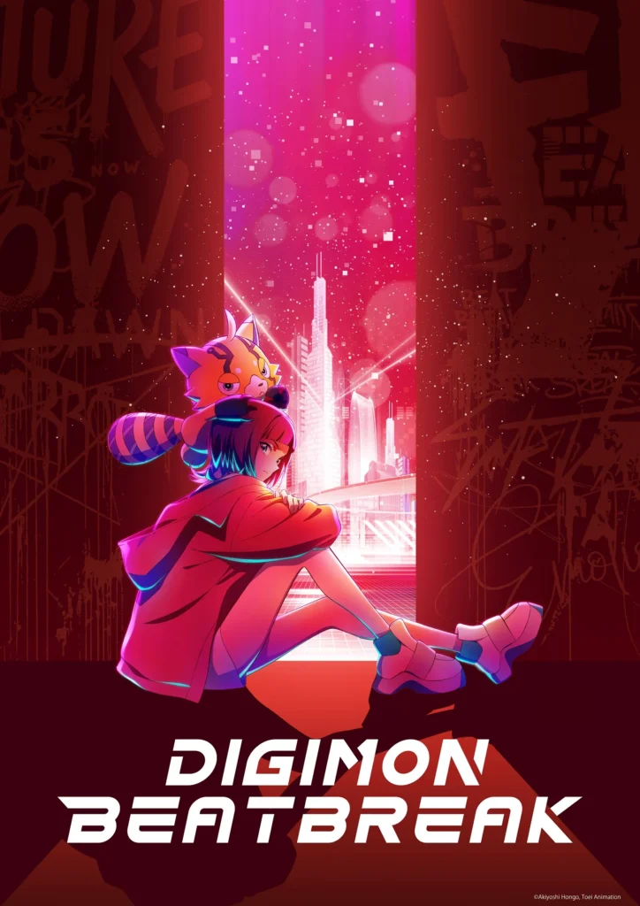 Cartaz de Digimon Beatbreak destacando Reina Sakuya e Pristimon