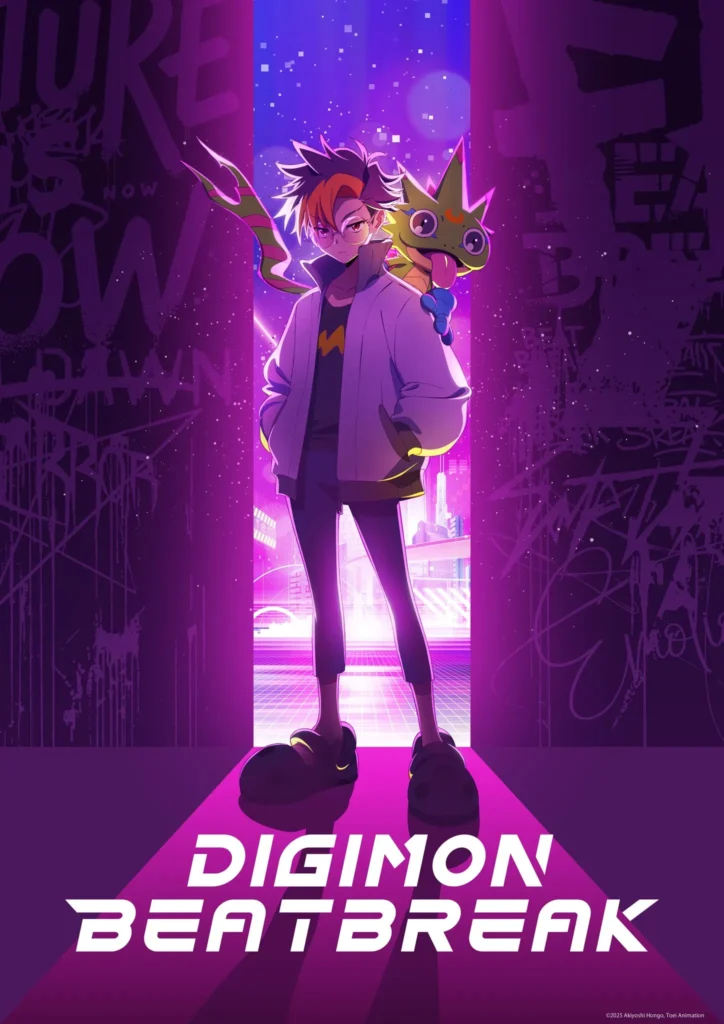 Cartaz de Digimon Beatbreak destacando Tomoro Tenma e Gekkomon