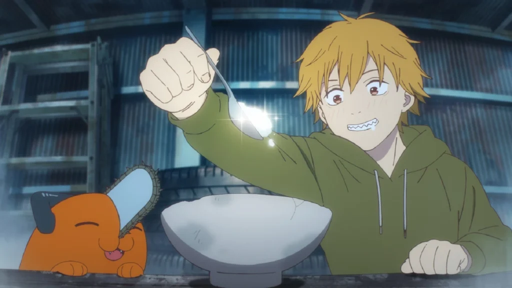 Pochita e jovem Denji em cena de Chainsaw Biyori