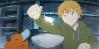 Pochita e jovem Denji em cena de Chainsaw Biyori