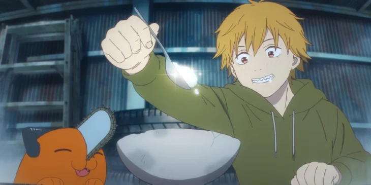 Pochita e jovem Denji em cena de Chainsaw Biyori