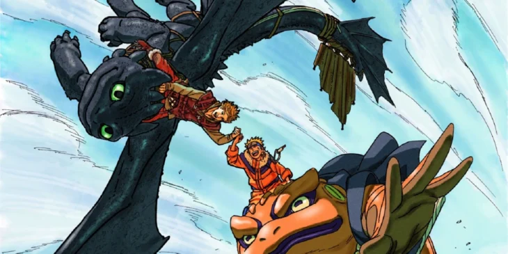 Naruto Uzumaki com Soluço e Banguela em arte colaborativa de Naruto e Como Treinar o Seu Dragão ilustrada por Masashi Kishimoto