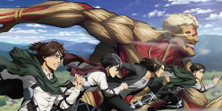 Eren, Mikasa, Levi, Hange e o Titã Blindado em arte de Attack on Titan para promover Mundial de Atletismo de Tóquio