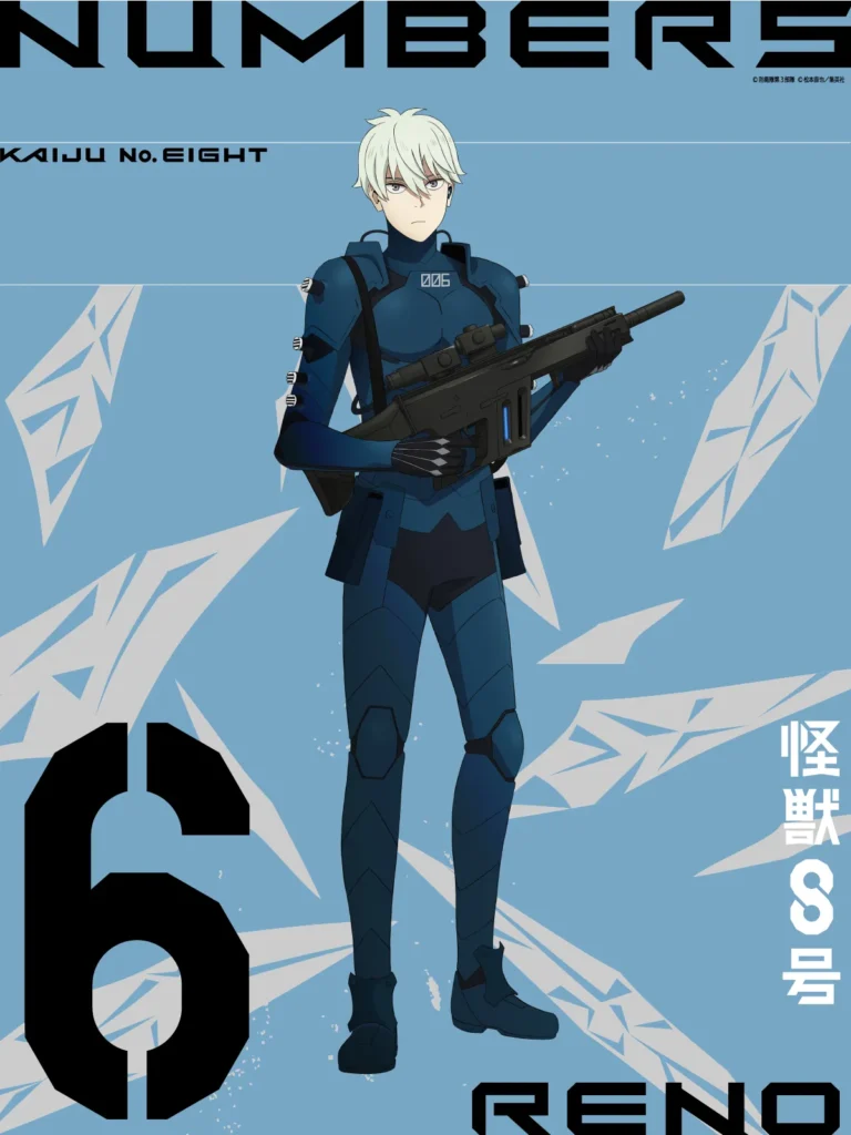 Reno Ichikawa com traje do número em cartaz de Kaiju No. 8